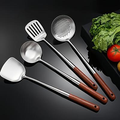 TEMU 4pcs Yuhuphyllic Stainless Steel Wok Utensil Set - , Non-electric, Food Supply Equipment, Includes Spatula, Ladle, Skimmer, For Kitchen Cooking & Baking, Ideal For