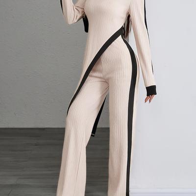 TEMU Women's Suit Featuring A Long-sleeve Color- Top And Wide-leg Pants, An Elegant Two-piece Set With A Solid Color Asymmetrical Top And Straight-leg Trousers.