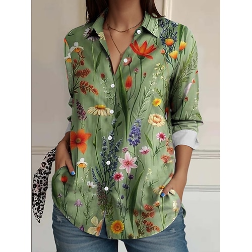 Damen Shirt Leinenoptik Atmungsaktiv Leicht Floral Elegant Vintage Alltag T Reguläre Tops Arbeit Alltag Druck Grasgrün Frühling Image