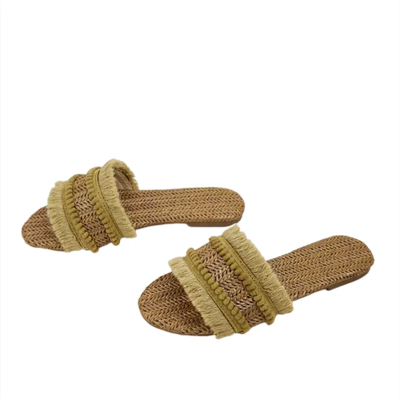 Dame Fransen Pelz Rutschen Hanf Massage Vorne Offene spitze Outdoor Casual Schuhe Sommer Stroh Weben Chaussure 35-43 25 cm Hausschuhe Grün
