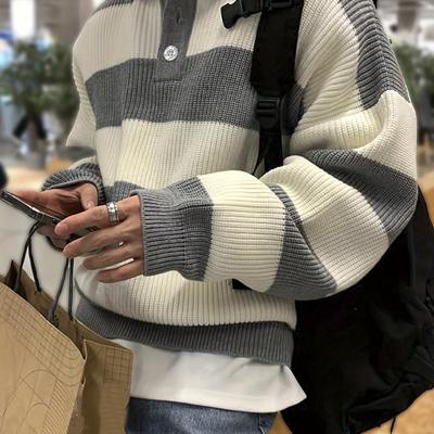 TEMU Men's Striped Knit Sweater With Collar - Casual Long Sleeve, Ribbed Detail, Fall/winter, Casual Winter Wear|striped Pullover|chunky Knit Texture