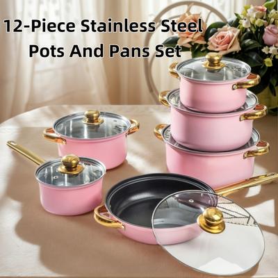 TEMU 12pcs Stainless Steel Cookware Set With Glass Lids - & , Pots & Pans With Elegant Golden Handles - & Professional Use - Compatible With All Stovetops