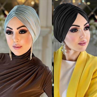 TEMU 2pcs Women' Color Pleated Caps - Lightweight, Stretchy Polyester Under Scarf Hats In White & Black For Ramadan And Casual Attire, Head Scarf Image