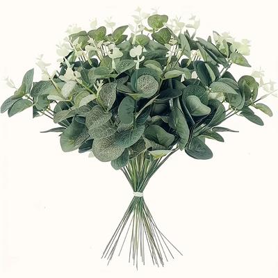 TEMU 10pcs Lifelike Artificial Eucalyptus Stems With White & - Flexible, Realistic Plastic For Vase Arrangements, Wedding Centerpieces & Home Decor Image