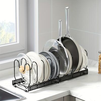 TEMU Expandable Black Iron Pot Lid Holder With 7 Adjustable Dividers – Space-saving Kitchen Organizer For Pans, Lids, And Dishes – Easy Assembly, No Tools Required, Pantry Organizers And Storage Image
