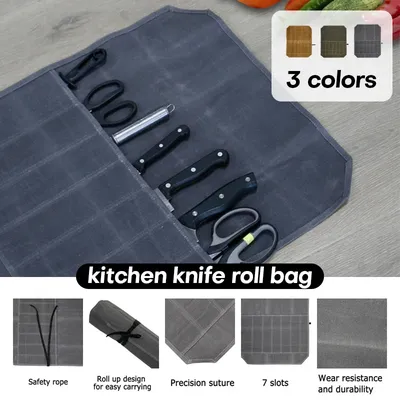7 Slot Chef Knife Roll Bag Waxed Canvas Kitchen Tool Storage Pocket Bag Outdoor Camping Picnic