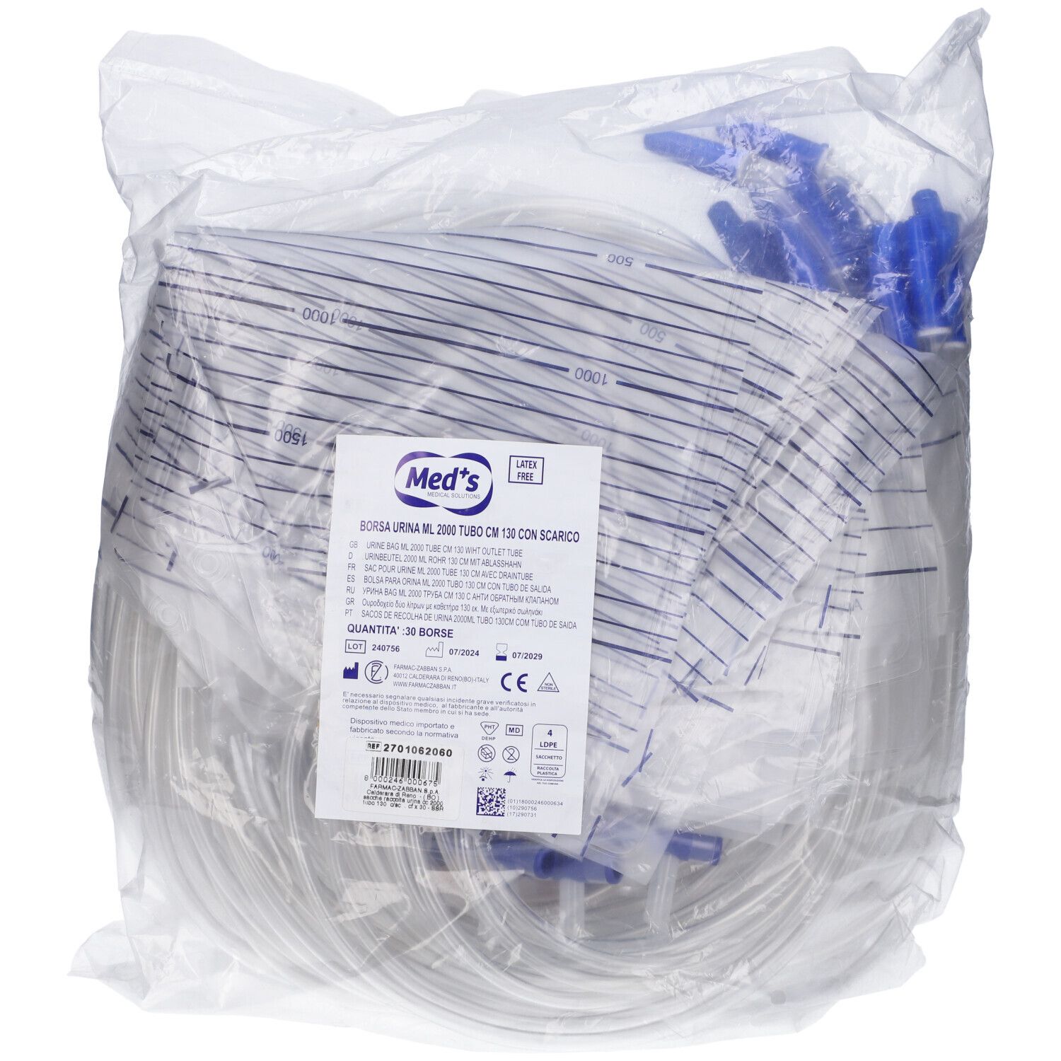 Meds Sacca Raccolta Urina con Scarico 2 Litri - Tubo 130 cm 30 pz Bust