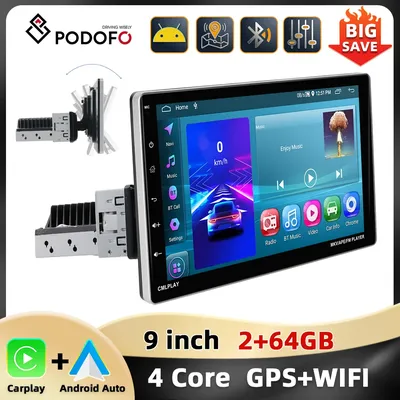Podofo 9'' Android Car Stereo 1Din 2+64G Car Stereo WIFI Carplay Android Auto GPS Navigation FM/RDS Bluetooth Multimedia Player