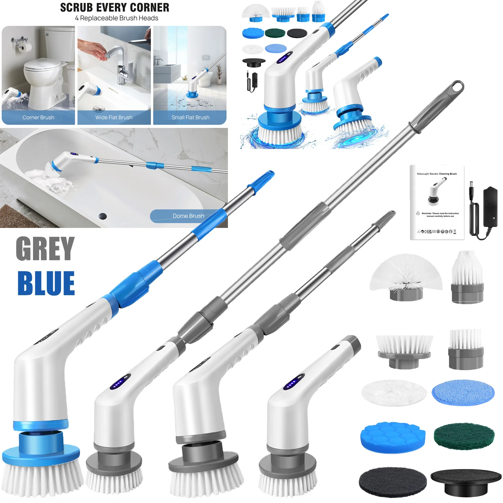 DayPlus 10-in-1 elektrischer Schleuderschrubber, kabellos, wiederaufladbar, elektrische Reinigungsbürste, verstellbarer Griff, Duschreinigungsbürste Image