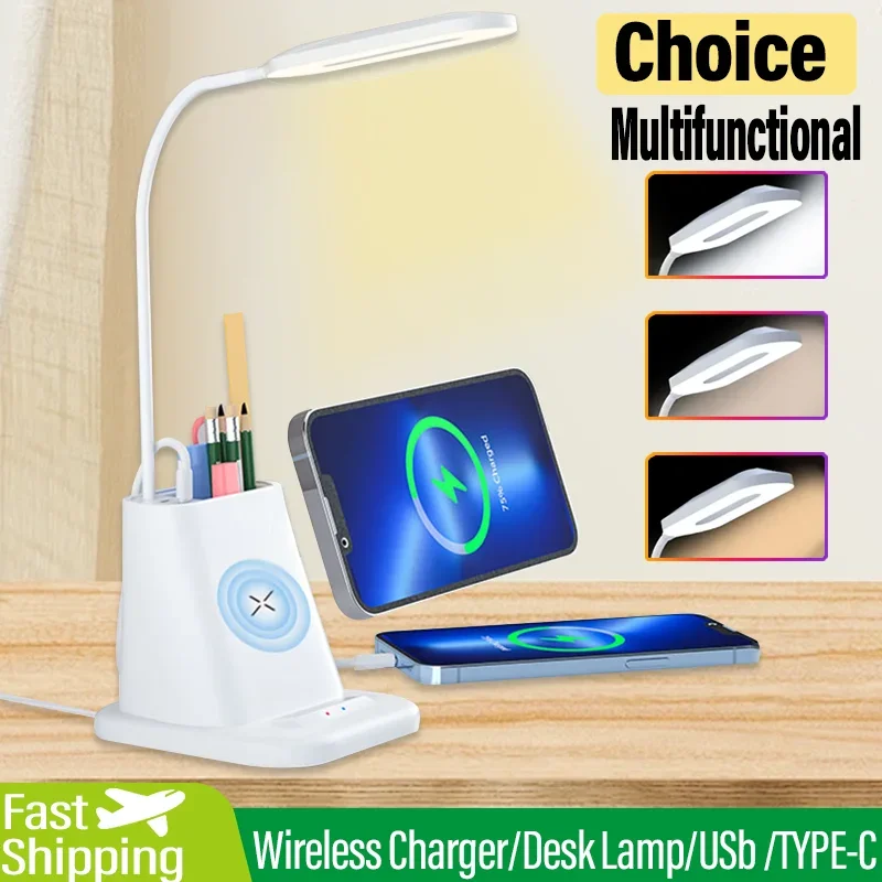 3 In 1 Drahtlose Ladegerät Stehen LED Schreibtisch Tisch Leselampe Nachtlicht Für Studie PD USB Schnelle Ladestation für iPhone Samsung