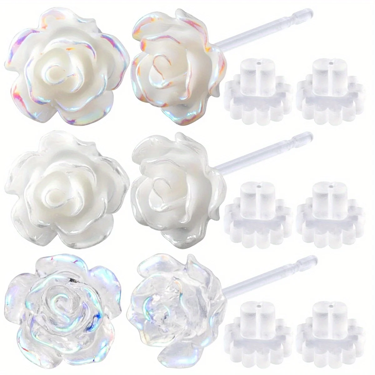 2/6 Stück elegante koreanische Stil klare/weiße Harz-Rosen-Blumen-Ohrstecker mit Gummierücken für Damen, modischer Ohrschmuck