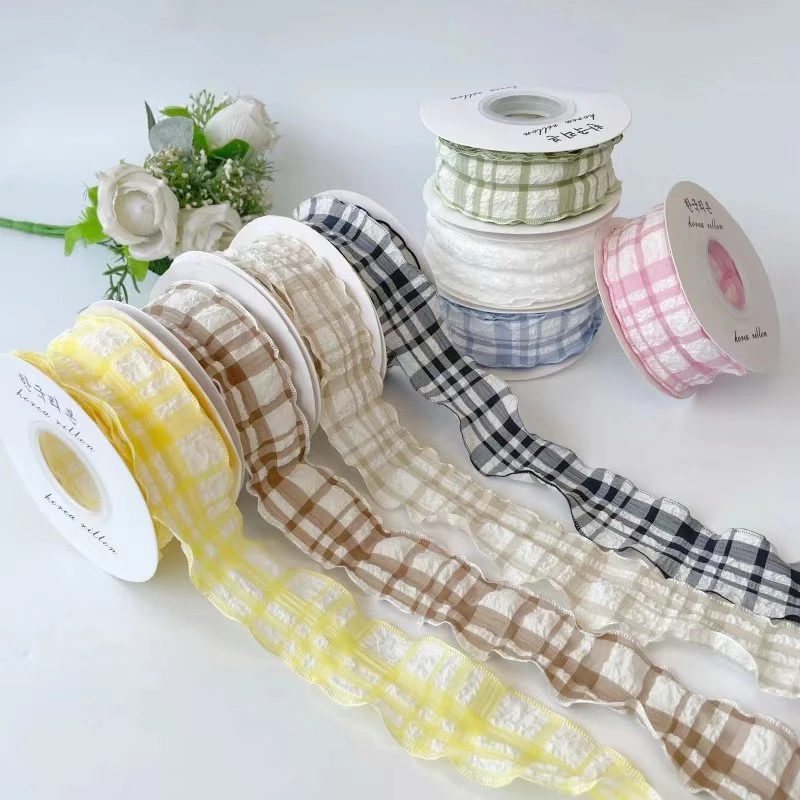 10Yards 4cm breite plissierte karierte Bänder Puff Plaid Bänder Satin bänder Blumen sträuße Fischschwanz Gaze Bänder Geschenk Bogen Dekorationen Image