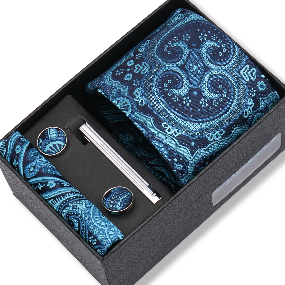 Krawatte Hochzeitsgeschenk Großhandel New Style Einstecktücher Set Manschettenknöpfe Krawattenklammer Krawattenbox Männer Fit Hochzeit Blau Paisley Black Boxs Image