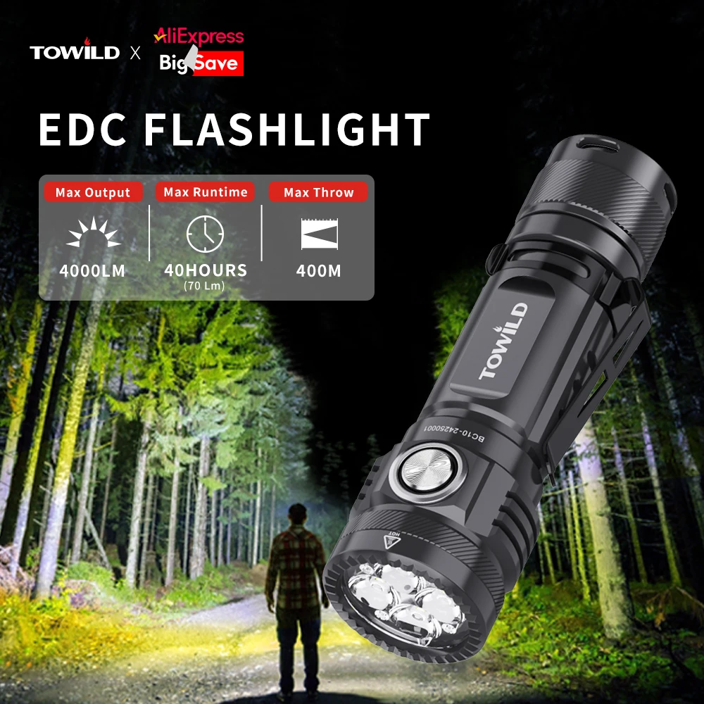 TOWILD BC10 EDC-Taschenlampe, tragbar, wiederaufladbar, 4000 lm, IPX8, Hochleistungs-LED-Taschenlampe, 21700 Taschenlampe für Camping, Außenbeleuchtung Image