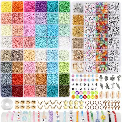 TEMU 1000pcs-13200pcs Glass Bead Jewelry Making Kit, Diy Craft Beading Set, 24 Colors, With String, Charms, And Findings For Bracelet & Necklace Projects