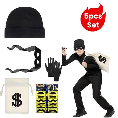 TEMU 5pcs Set Of Robber Costumes, Very Suitable For Themed Parties, Such As Halloween, Christmas, Thanksgiving, Easter, Birthday Parties, Drama Performances And Stage Props Dressing Activities