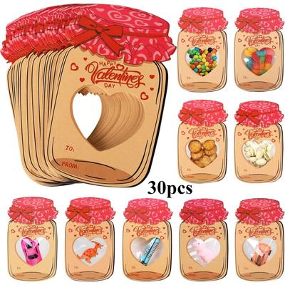 TEMU 30pcs Valentine's Day Gift Card Set With Mason Jar Design - & Snack Bags, Transparent Sealable Pouches For Party Favors, Classroom Exchange, (candy Not Included), Gift Card Set