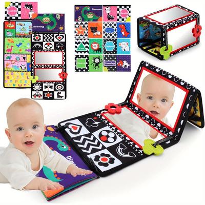 TEMU Floor Mirror With Crinkle Cloth Book And Teethers, Double-sided Baby Mirror Black And White High Contrast Baby Toys, Folding Crawling Activity Mat For Infants 3 6 12 Months (b-mirror+book)