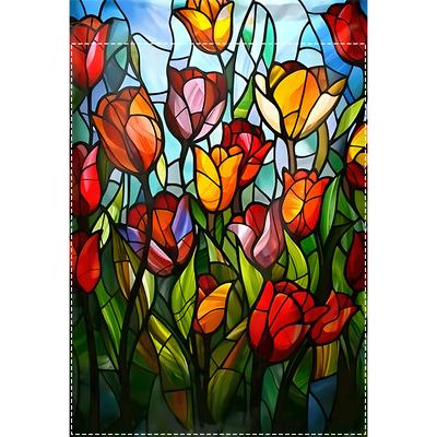 TEMU 1pc Spring Stained Glass Garden Flag Stained Glass Flower Designs Home Decor, Outdoor Decor, Patio Decor Double Sided Waterproof Burlap Flag 12x18inch