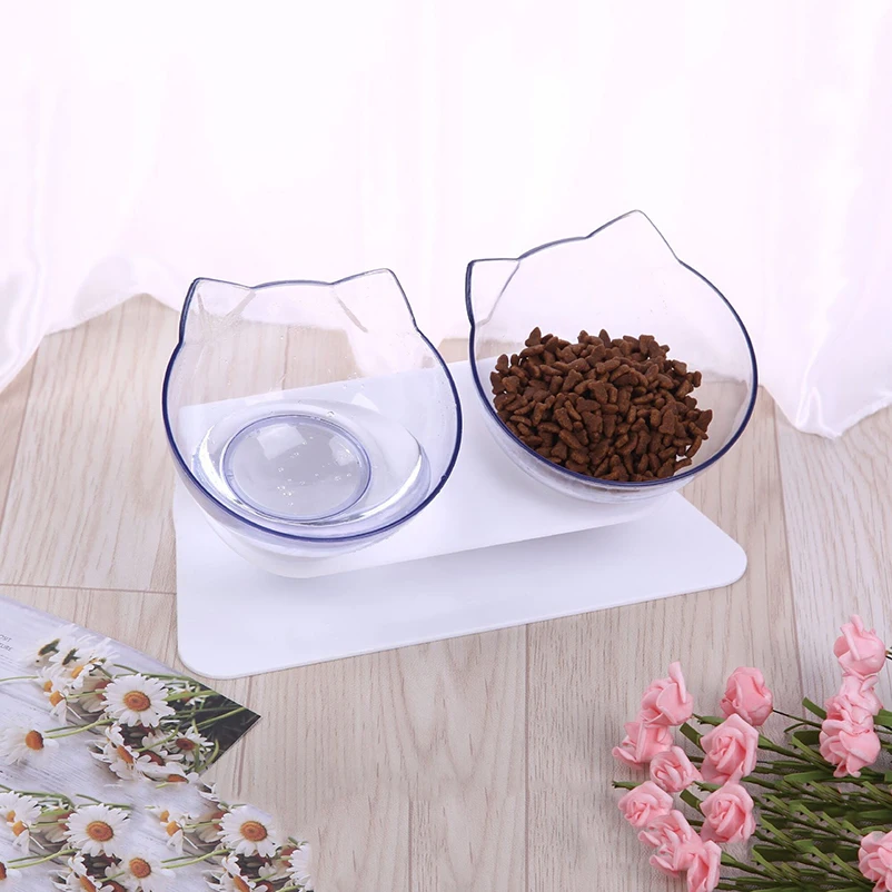 Hot Pet Bowl Katzen hals schutz transparente Neigung Katzen gesicht Doppels ch üssel Anti-Splash rutsch festes Futter für Katzen und Hunde Image