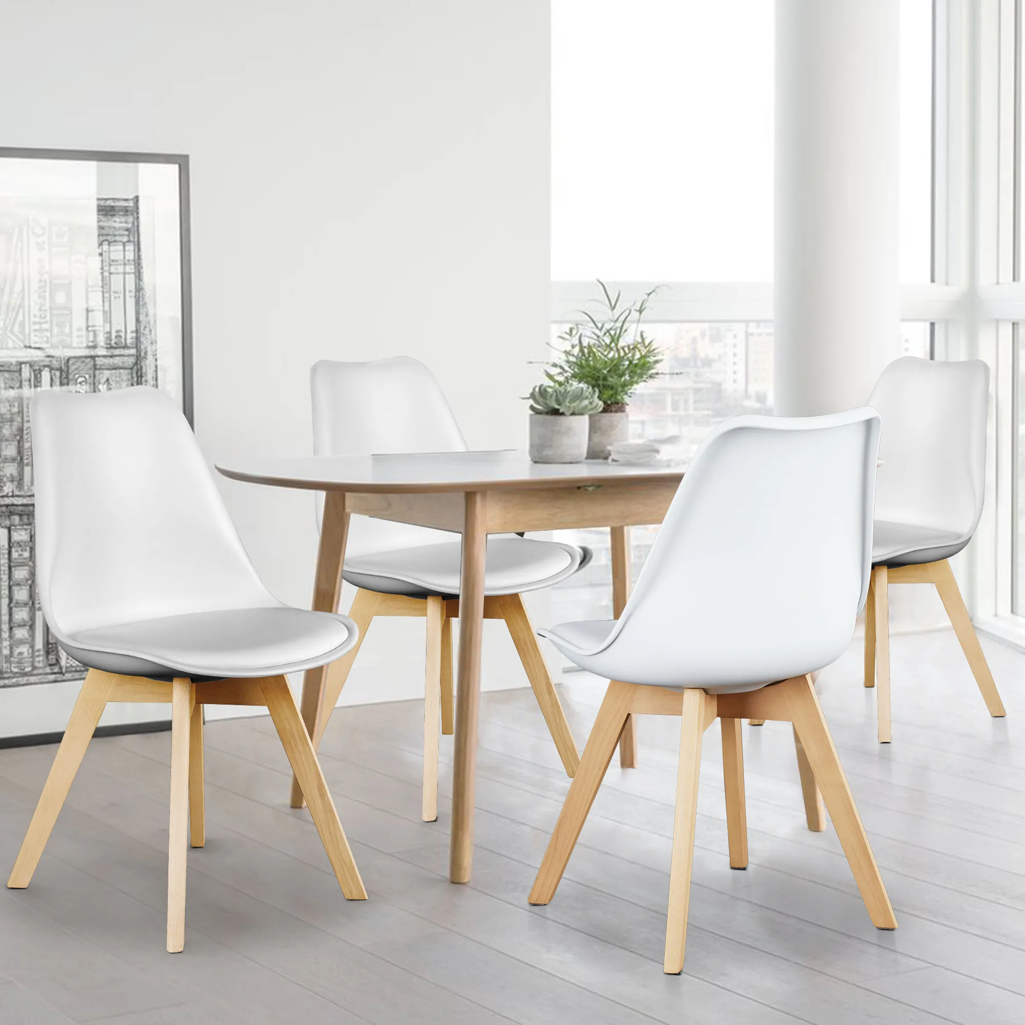 JHK Esszimmerstühle aus PU-Leder, 4er-Set, Holzbeine, Loungesessel für die Küche zu Hause, bequemer Schwammkissen-Wohnzimmerstuhl