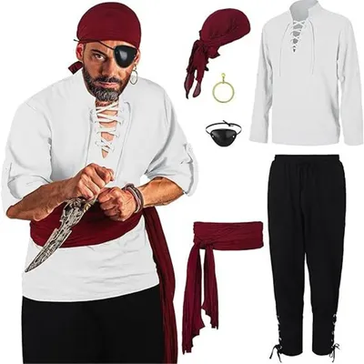 6-teiliges Halloween-Renaissance-Kostüm-Set für Herren, mittelalterliches Piratenritter-Hemd, Knöchelband, Hose, Wikinger-Gürtel-Zubehör Image