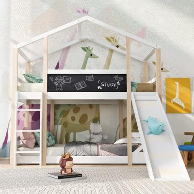 Kinder-Etagenbett 90x200 cm, 2-Sitzer-Hochbett, Hochbett mit Rutsche, Tafel, Lattenroste, Kiefer Image