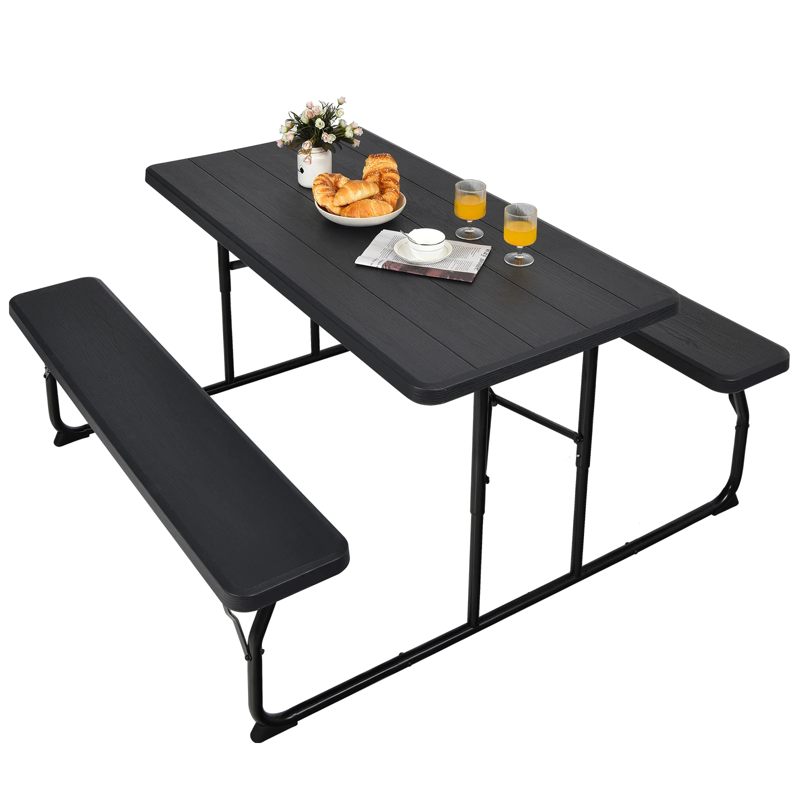 Ensemble Table et Bancs Pliant de Pique-Nique avec Cadre en Métal, Ensemble de Jardin Surface Imperméable Banc Charge 250KG pour 4 à 6 Personnes, pour Jardin Piscine