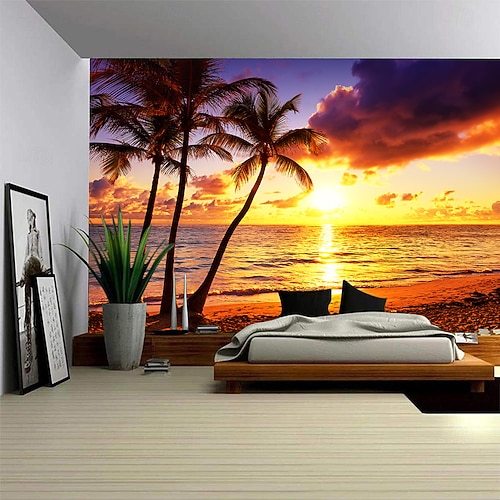 Landschaft Sonnenuntergang Strand hängender Wandteppich Wandkunst großer Wandteppich Wanddekoration Fotohintergrund Decke Vorhang Zuhause Schlafzimmer Wohnzimmerdekoration Palme Image