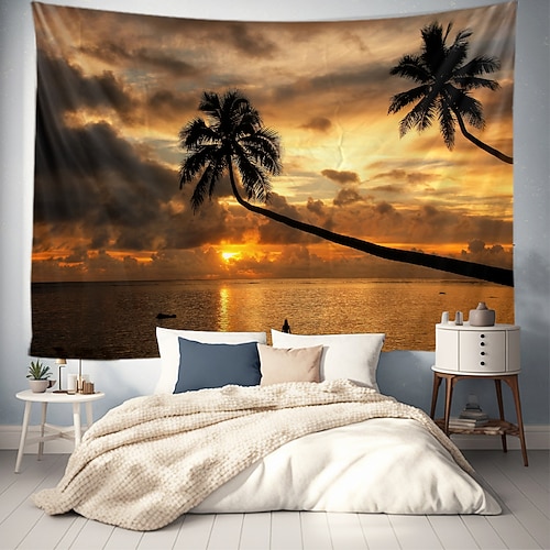 Landschaft Sonnenuntergang Strand hängender Wandteppich Wandkunst großer Wandteppich Wanddekoration Fotohintergrund Decke Vorhang Zuhause Schlafzimmer Wohnzimmerdekoration Palme Image