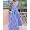 Damen kleid lang Casual kleid Sommerkleid Modisch Laternenärmel Outdoor Festtage Verabredung Regular Fit Gestreift Kurzarm Tiefes V Blau Sommer Frühling