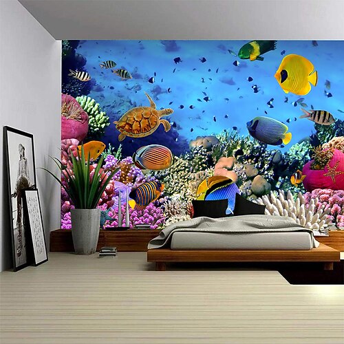 Landschaft Ozean Fische hängender Wandteppich Wandkunst großer Wandteppich Wanddekoration Fotohintergrund Decke Vorhang Zuhause Schlafzimmer Wohnzimmerdekoration Image