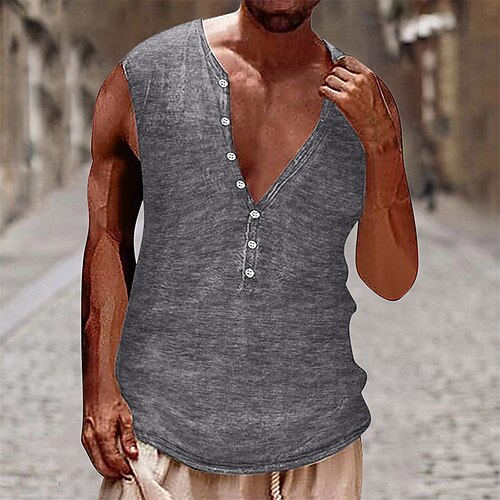 Herren Tank Top Weste Unterhemd Ärmelloses Shirt Ärmellos Henley Sommer Einfach Vintage Mode Designer Knöpfe Urlaub Straße Ausgehen Schwarz Weiß Braun Top T-Shirt für Herren Image