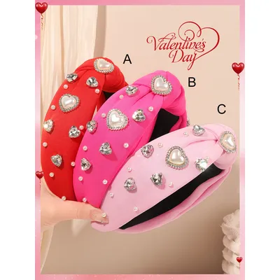 Valentine’s Day Headbands for Women Pearl Rhinestone Hairband Knotted Heart Crystal Head Band Non