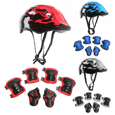 7Pcs Safety Ride Protection Gear Set Adjustable Kids Skateboard Scooter Helmet Set Breathable