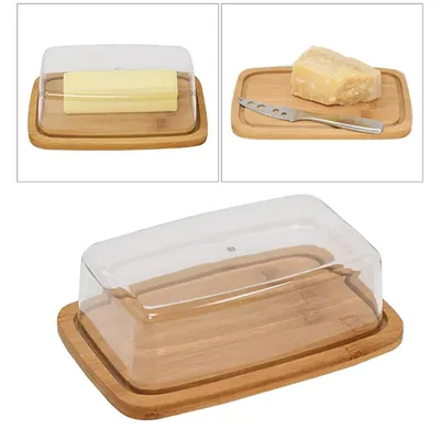 Bamboo Butter Dish Rectangular Cheese Storage Tray Plate Food Container With Glass Acrylic Lid