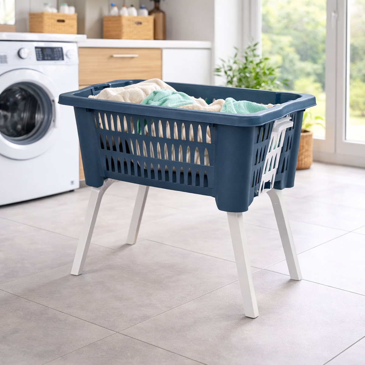 Mojawo Wäschekorb Wäschesammler klappbaren Füßen B60xL40xH28/58cm Blau Image