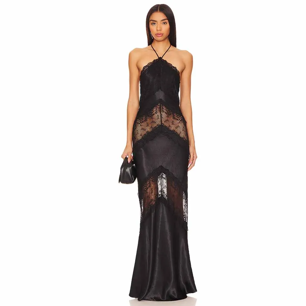 Lace Sexy Evening Dresses 2025 Satin Mermaid/Trumpet Celebrity Dress Black Halter Hollow Ruched Split Prom Dress Long