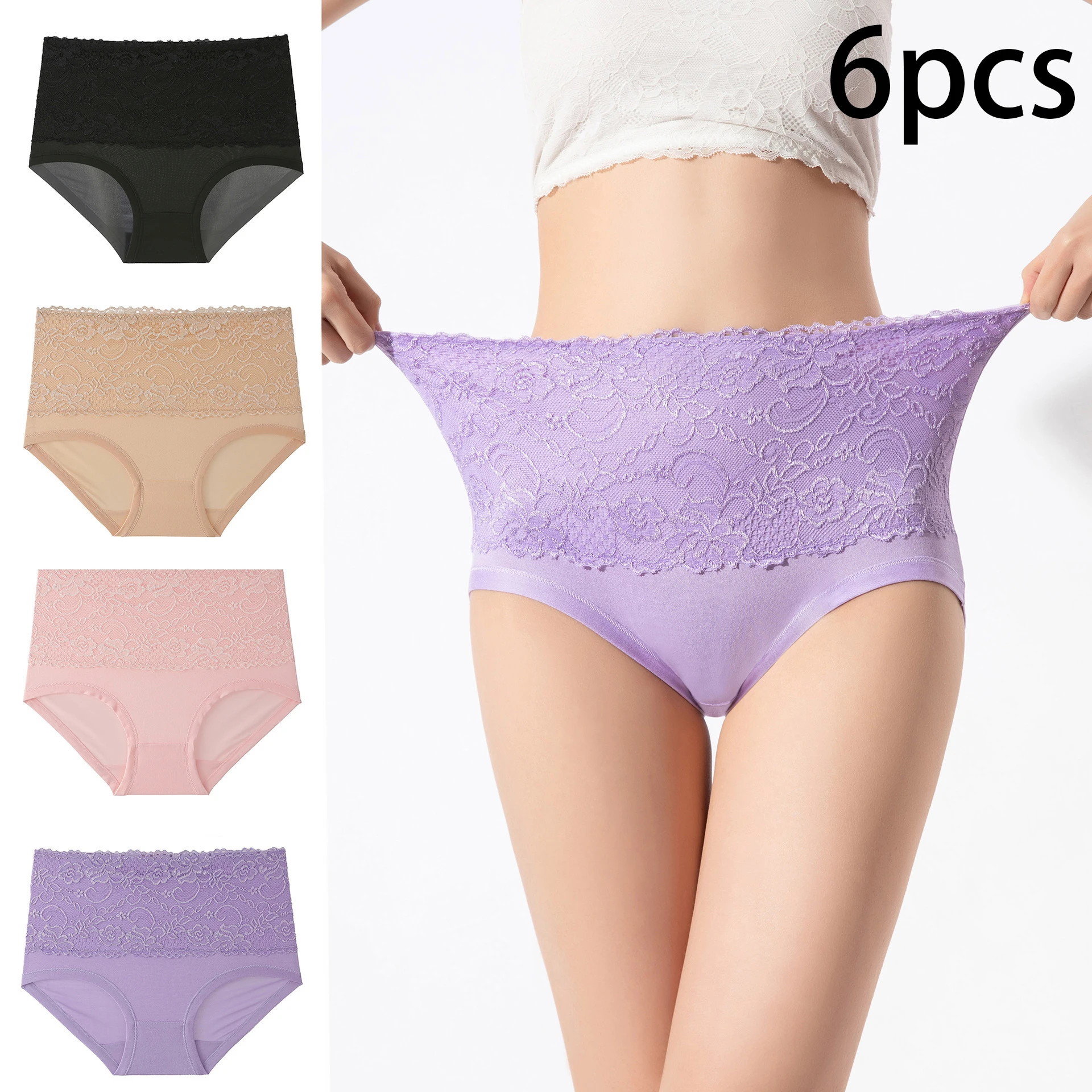 Culotte taille haute pour femme, sous-vêtement en dentelle respirante, slip grande taille, lingerie féminine, mode fille, 6 pièces