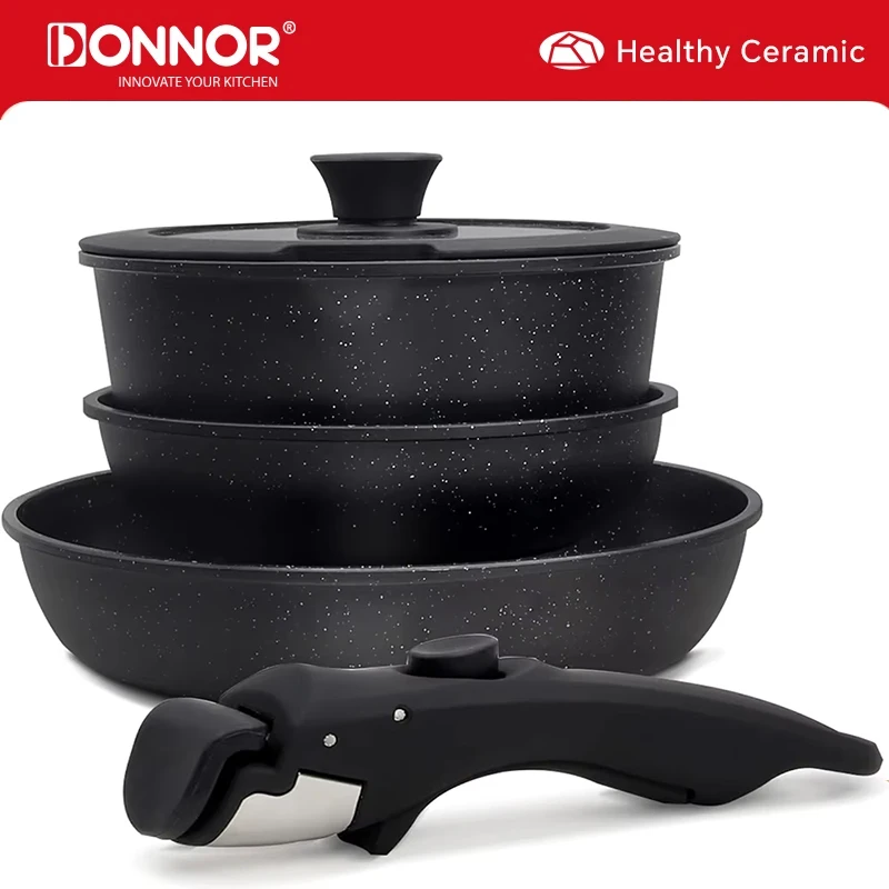 Ensemble d'ustensiles de cuisine à induction Whats Nor, ensemble de casseroles, ustensiles de cuisine empilables en granit antiadhésif, ustensiles de cuisine pour toutes les plaques de cuisson, 5