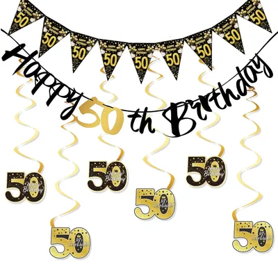 50th Birthday Swirls Streamers Hanging Swirls Happy Birthday Banner Black Gold 50 Years Old Birthday