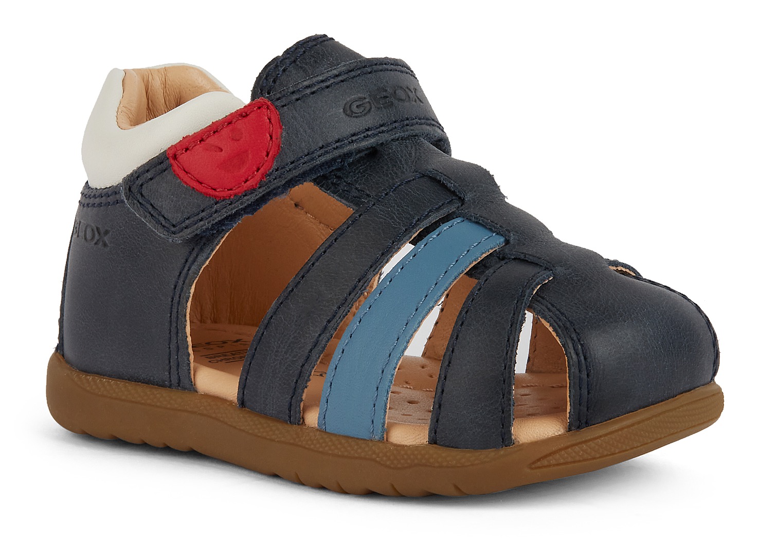 Lauflernschuh GEOX "B SANDAL MACCHIA BOY", Baby, Gr. 25, blau (navy, hellblau), Leder, Synthetik, Schuhe Lauflernschuh, Sandale, Babyschuh, Klettschuh mit bunten Riemchen
