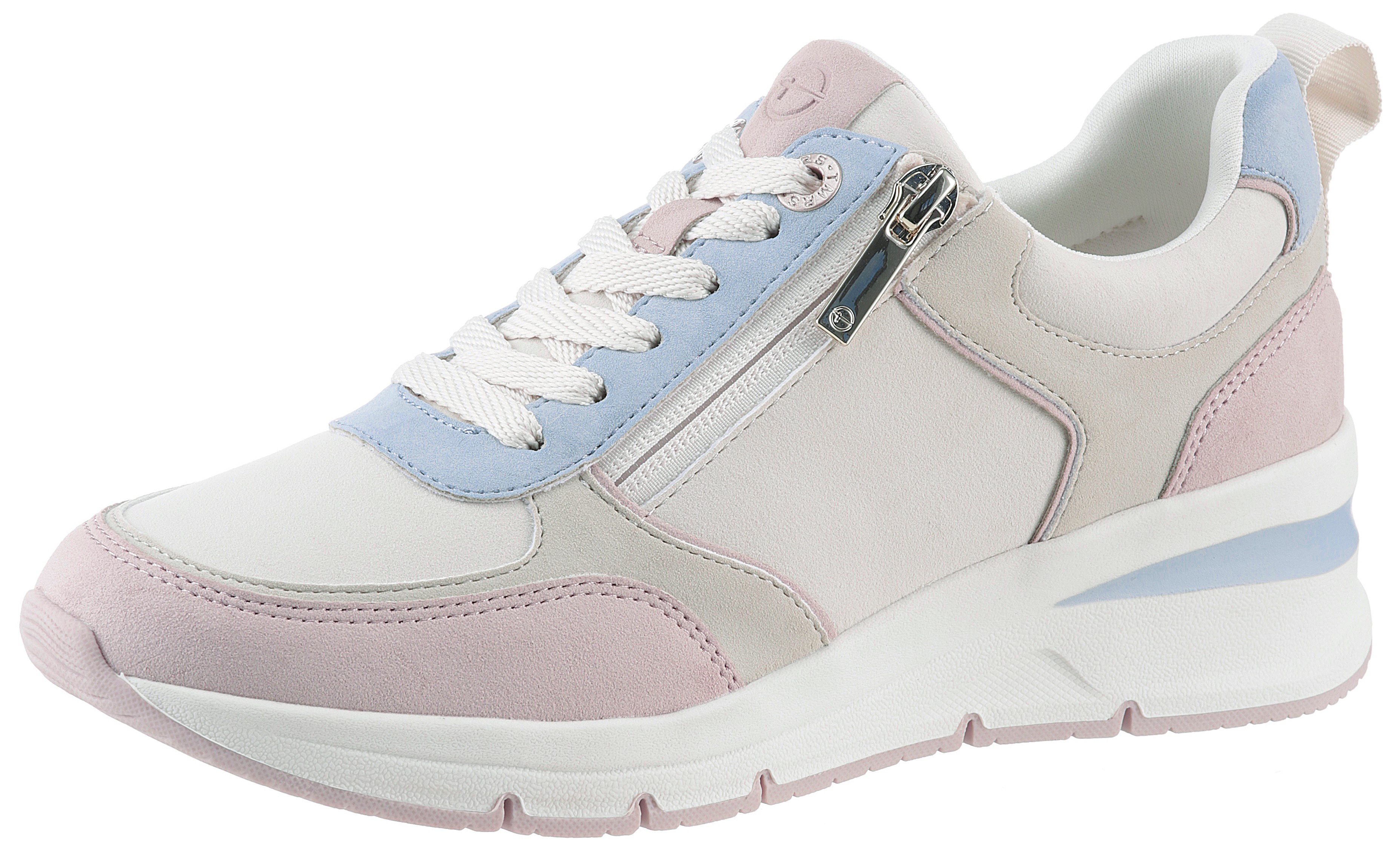 Keilsneaker TAMARIS, Damen, Gr. 40, blau (hellblau kombiniert), Lederimitat, unifarben mit Farbeinsätzen, Schuhe, Freizeitschuh, Halbschuh, Schnürschuh mit Außenreißverschluss