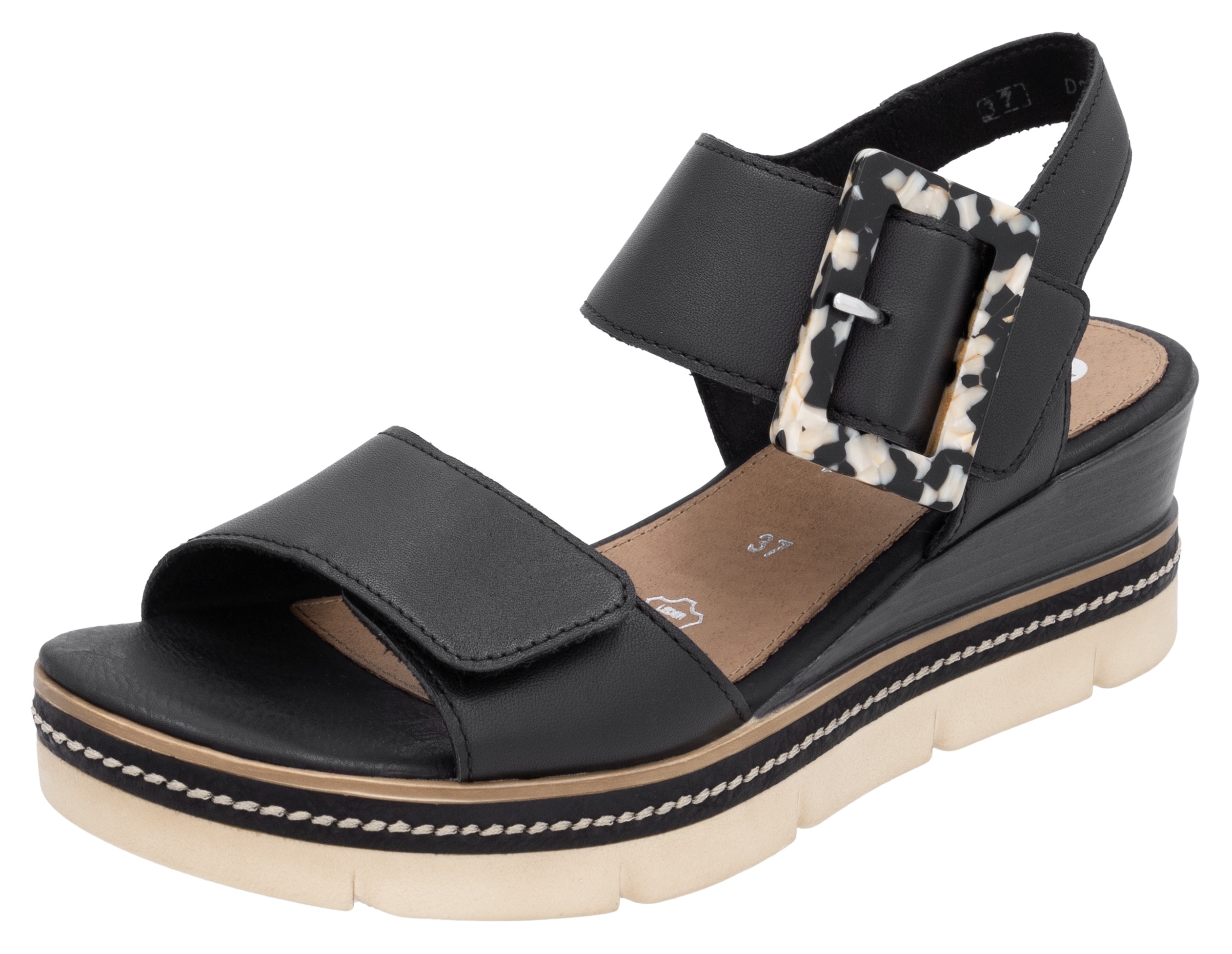 Keilsandalette REMONTE "Elisabeth Hurley-Collection", Damen, Gr. 39, schwarz, Leder, unifarben, Schuhe, Keilabsatz, Riemensandale, Sommerschuh, auffällige Zierschnalle