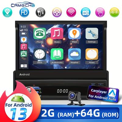 "TEMU Camecho 2+64g For "" Retractable Touchscreen Single Din Eq Car Stereo Radio, Support Carplayer & For Auto, Wireless Fm Rds Swc Support Camera"