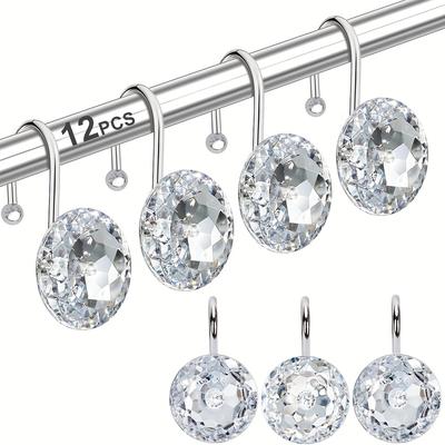 TEMU 12pcs Shower Curtain Hooks Rings For Bathroom, Stainless Steel Rust Resistant Decorative Rhinestones Hangers For Shower Curtains, Clothing, Towels, Etc. Image