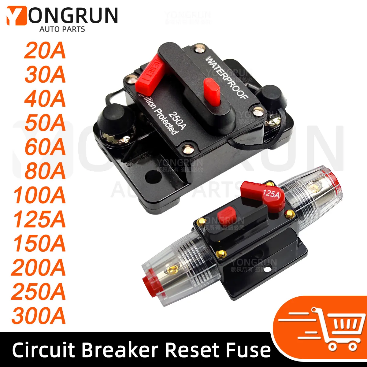 Auto-Audiosystem, 20 A bis 300 A, manueller Reset, wasserdichter Marine-Leistungsschalter, Reset-Schutzsicherung, 12 V–48 V DC, 40 A, 60 A Image