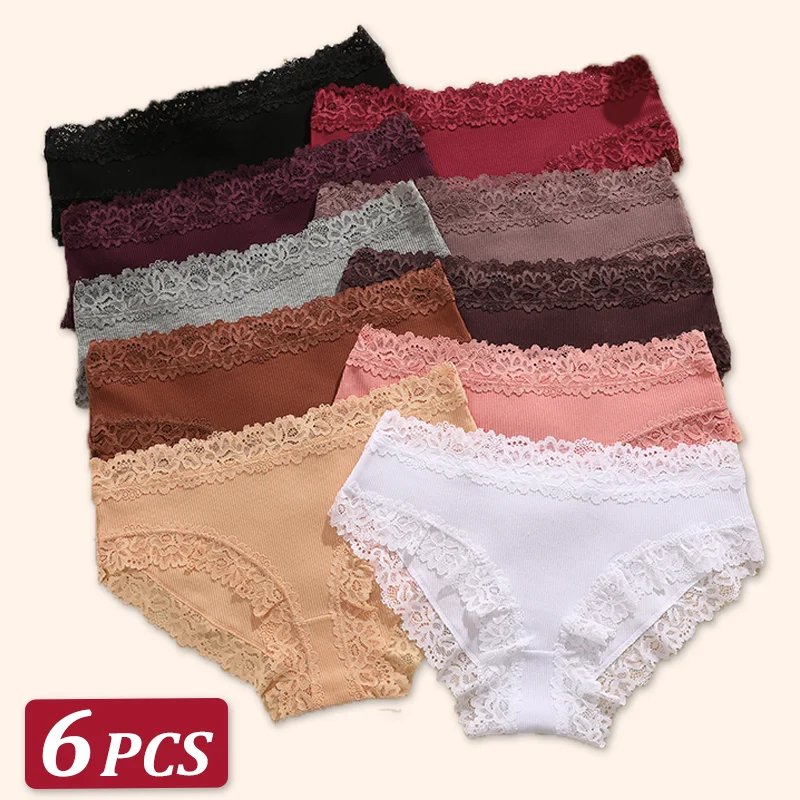 6PCS Sexy Spitze Baumwolle Hosen Frauen Niedrigen Taille Höschen Unterwäsche S-XL Einfarbig Damen Briefs Lingere Unterwäsche Komfortable Frauen Image