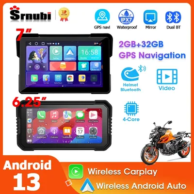 Srnubi 7“ Android 13 Motorrad-Player-Bildschirm 2G + 32G GPS-Navigation Drahtloses CarPlay Android Auto Touchscreen Motorrad-Monitor