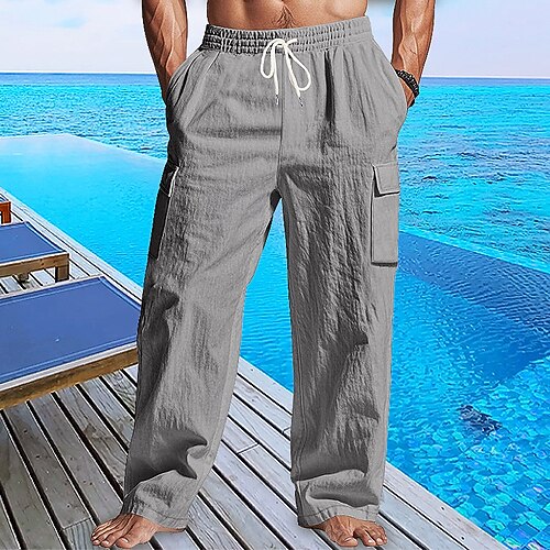 Herren Cargohose Leinenhose Hose Hosen Sommerhosen Strandhose Kordelzug Elastische Taille Gerade geschnitten Glatt Komfort Atmungsaktiv In voller Länge Urlaub Täglich Festtage Hawaiianisch Boho Image